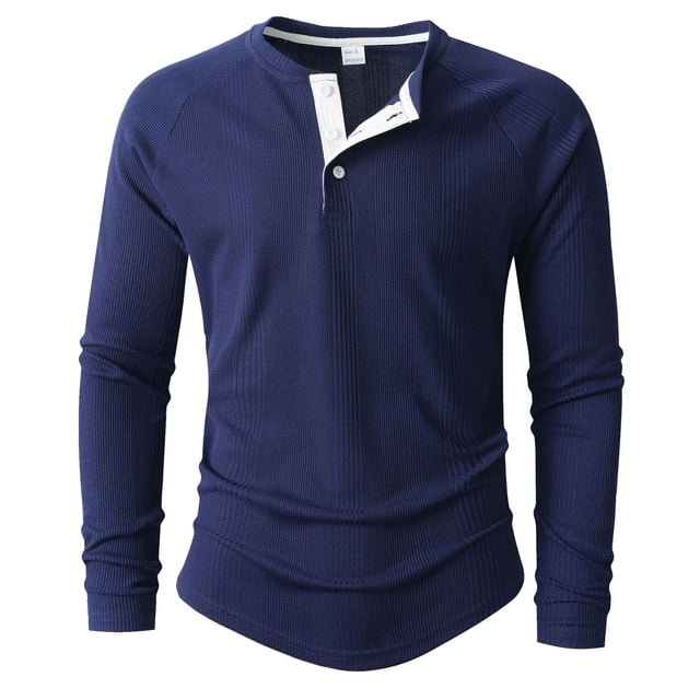 Yaoyar Mens Long Sleeve Button Tee Shirts Cotton Crew Neck Soft Casual Basic T-Shirts Solid Color Undershirt Shirt