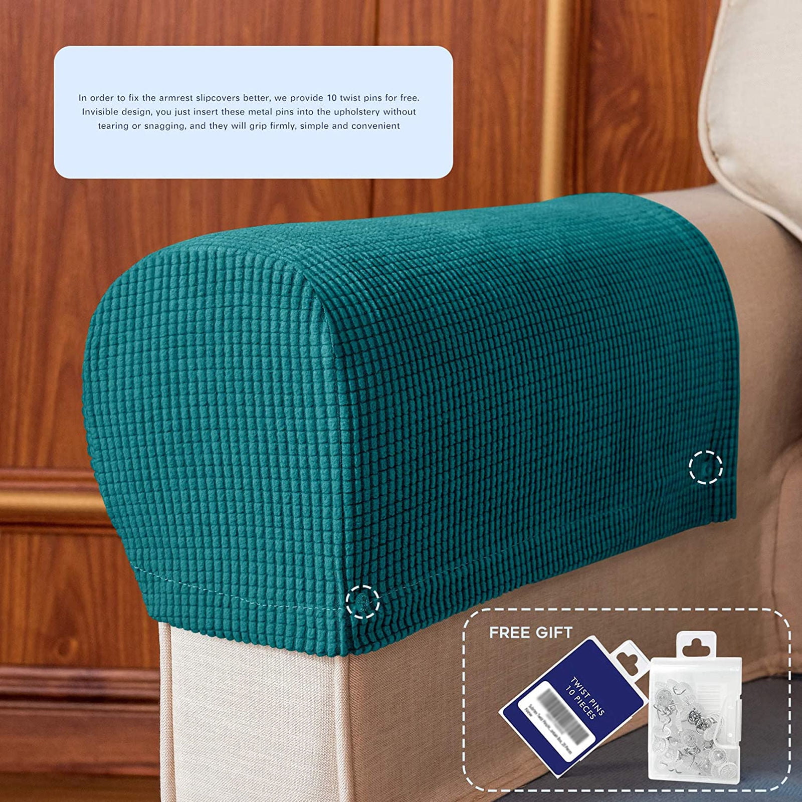 Stretch Armrest Covers, Anti-Slip Couch Arm Cover Spandex Armchair Slipcover for Recliner Sofa Washable Sofa Arm Protector with Twist Needle-Blue-green-2 pcs