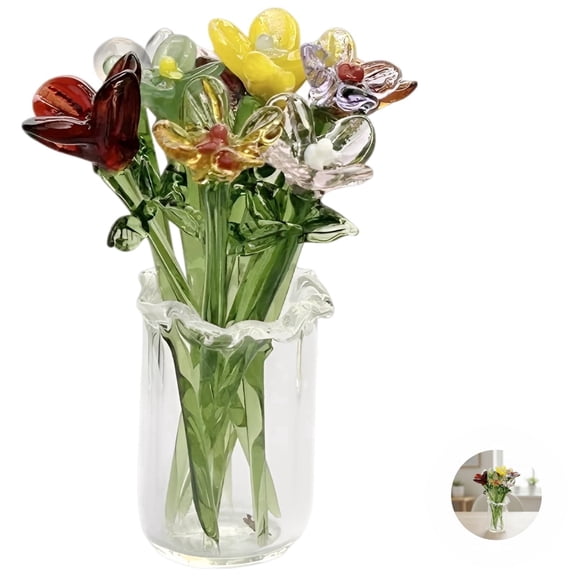 Mini Hand‑Blown Glass Flower Bouquet with Small Vase – 10 Colorful Glass Flowers with Stems, 2.1" Tall Artistic Tabletop Decor for Desk, Shelf & Home Accent