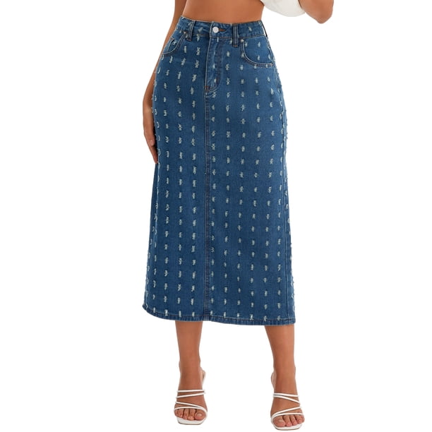 Falda Maxi de Mezclilla de Cintura Alta con Puntos Suizos y Abertura Trasera Casual L Vintage Azul
