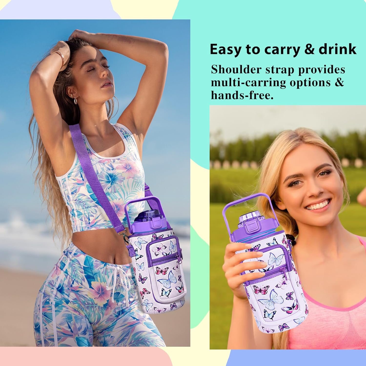 64 oz Water Bottle with Straw Sleeve & Strap Motivational BPA Free Half Gallon Water Jug with Handle for Gym Women Men Aesthetic Water Bottle with Strap Butterfly