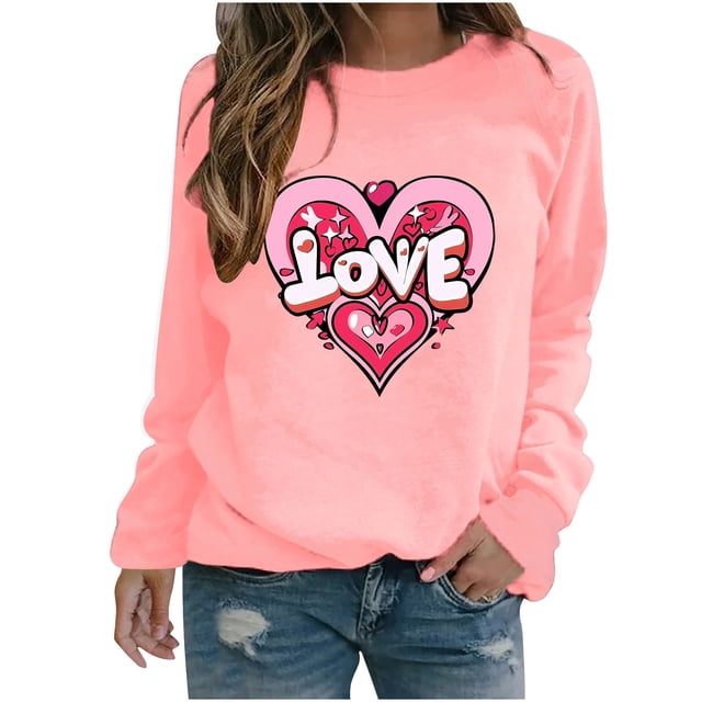 Amzcrzy Hauts pour Femmes Décontractés Col Rond Printemps Été Hauts Mode Imprimé Cœur d'Amour Saint-Valentin Chemises pour Femmes Classique Polyvalent Manches Longues Tee-Shirt Valentines