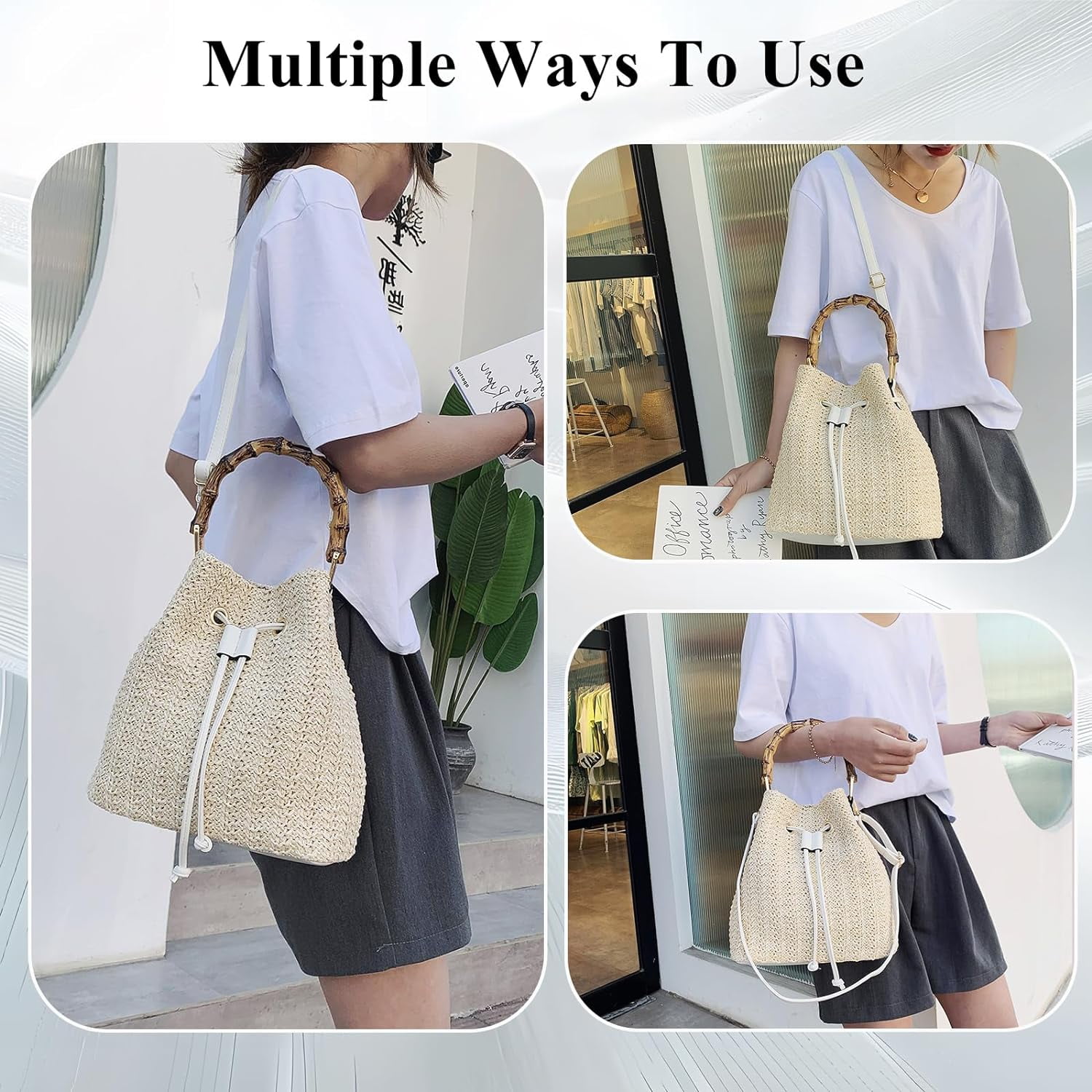 Straw Purse for Women, Summer Straw Bucket Bag Trendy Hobo Bag Straw Shoulder Crossbody Handbags with Bamboo Handle