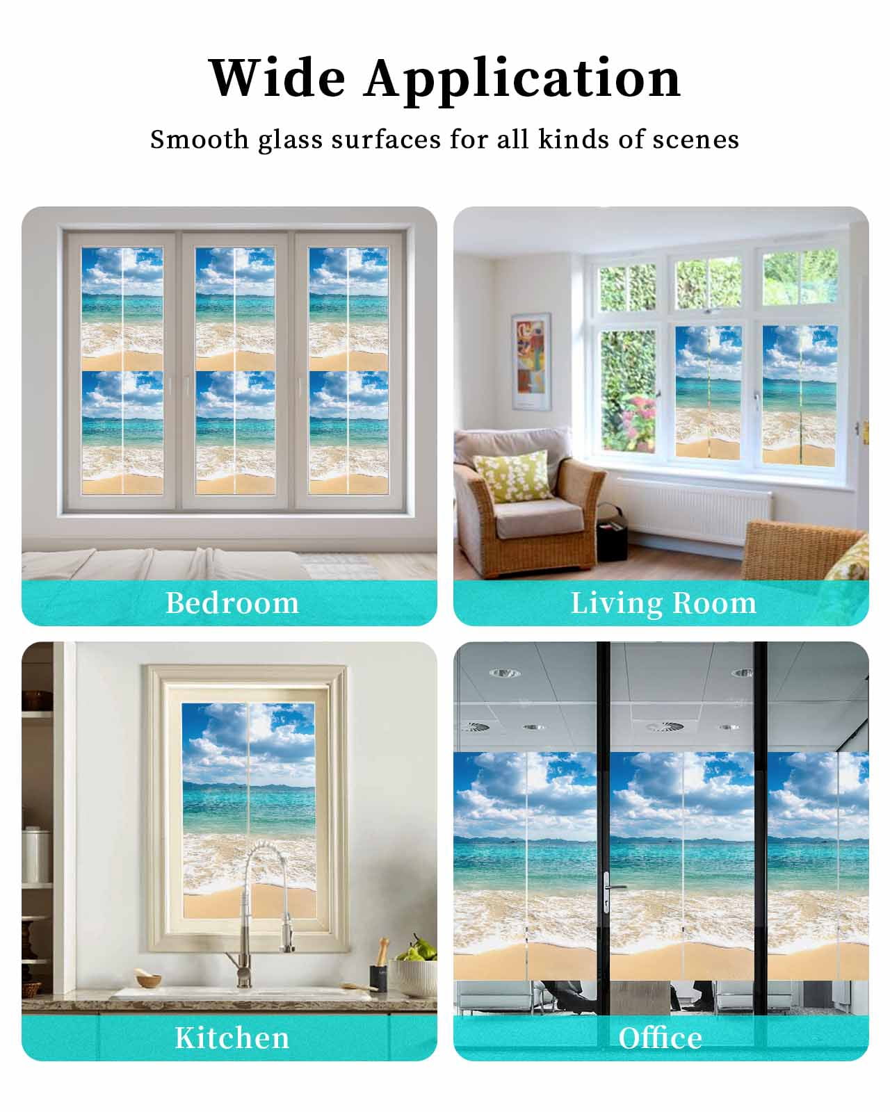 Window Privacy Film Ocean Beach Stained Glass Window Film Decorative Sun Block Window Cover Blue Sky Waves Sand Horizon Shore Summer Window Clings Static Adhesive Sticker for Bathroom 23.6"x59"