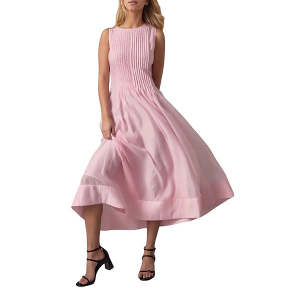 Women's Summer Midi Dresses Sleeveless Crewneck Beach Boho Casual Loose Long Flowy Sundress Pink S