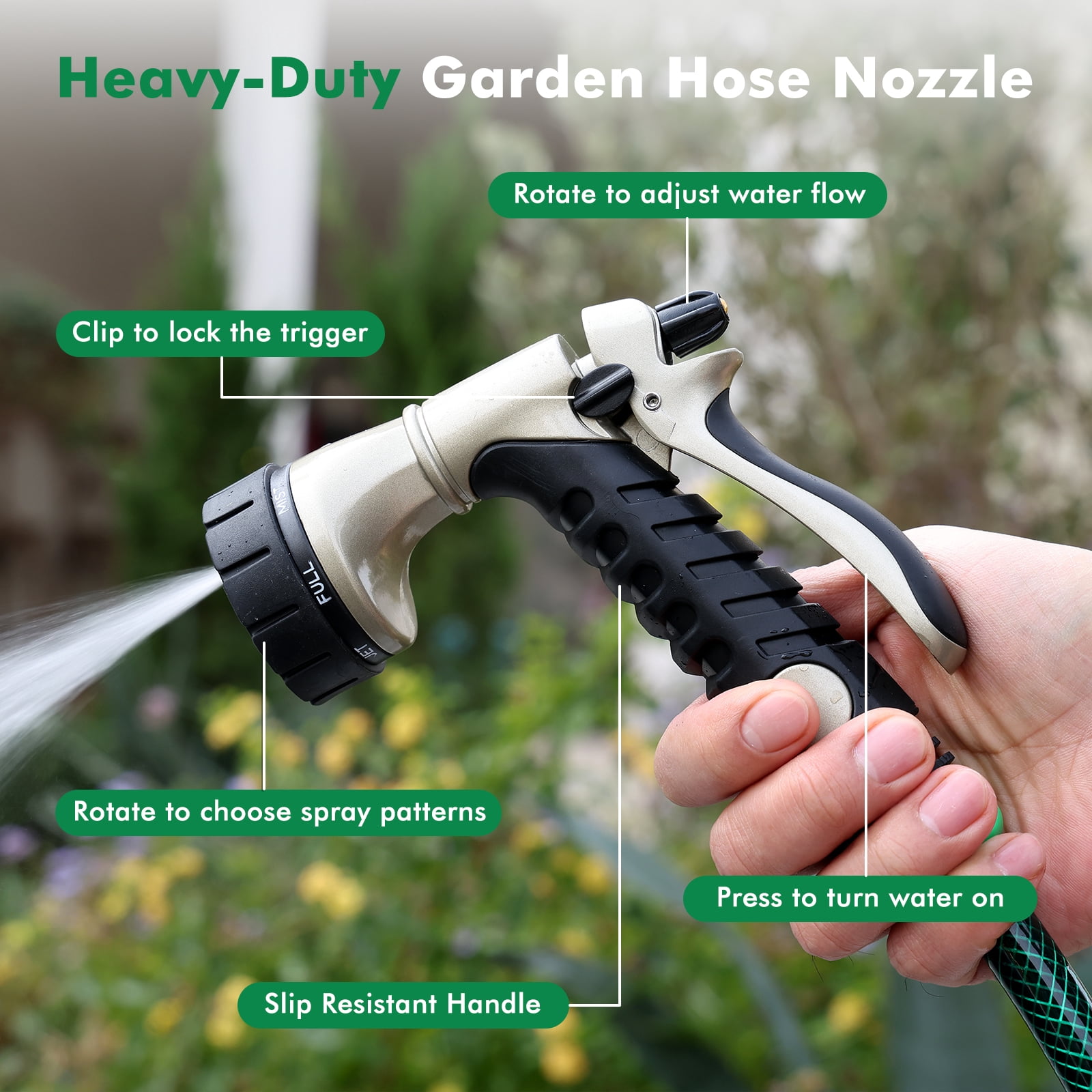 Restmo Garden Hose Nozzle, Heavy Duty Metal Water Hose Nozzle, Hose Sprayer Nozzle with 7 Adjustable Spray Patterns, High Pressure Nozzle Watering Plants and Lawn, Pet Showering