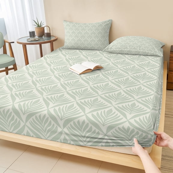 Full Size Fitted Sheet Set - Teal Floral 3 Piece Bedding Sets 16" Deep Pocket Fitted Sheet with 2 Pillowcases Vintage Modern Geometric Abstract Art Brushed Microfiber Hotel Luxury Bed Sheets