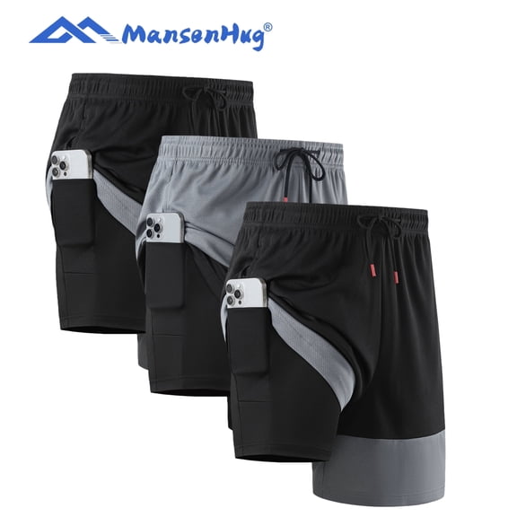 MANSENHUG Mens 2-in-1 Workout Shorts 3 Pack, Athletic Running Shorts with Liner & Phone Pocket, Color-Blocked Quick Dry Basketball Gym Hiking Activewear