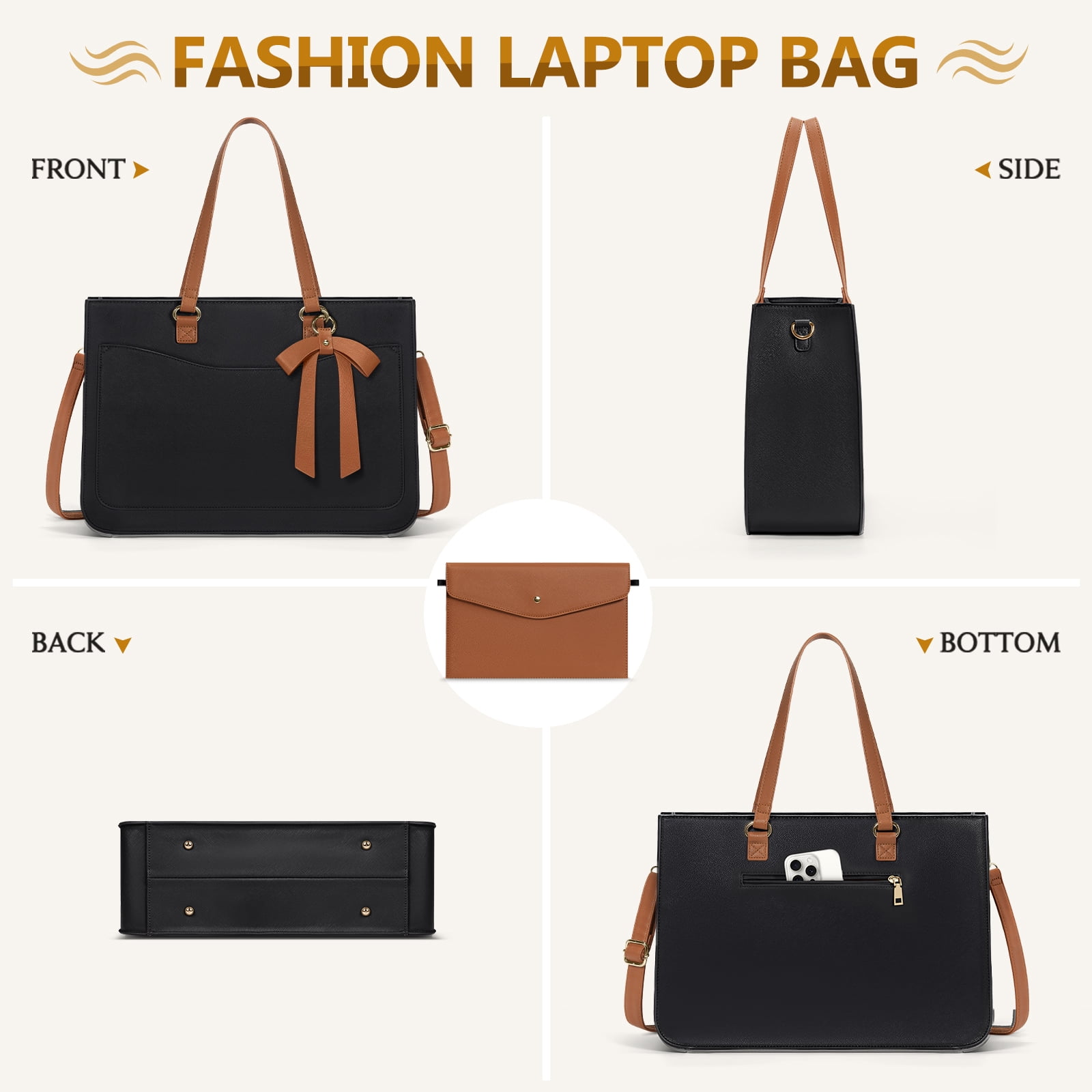 RAINSMORE Women's Handbag 15.6 Inch Leather Tote Bags Waterproof Laptop Briefcase Office Business Work Travel Handbag for College Teacher