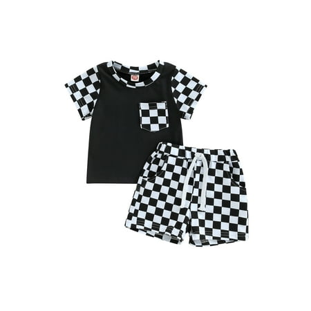 

Sunisery Toddler Baby Boys 2PCS Shorts Sets Short Sleeve Checkerboard Print Tops Drawstring Shorts Sets Summer Outfits Black 12-18 Months