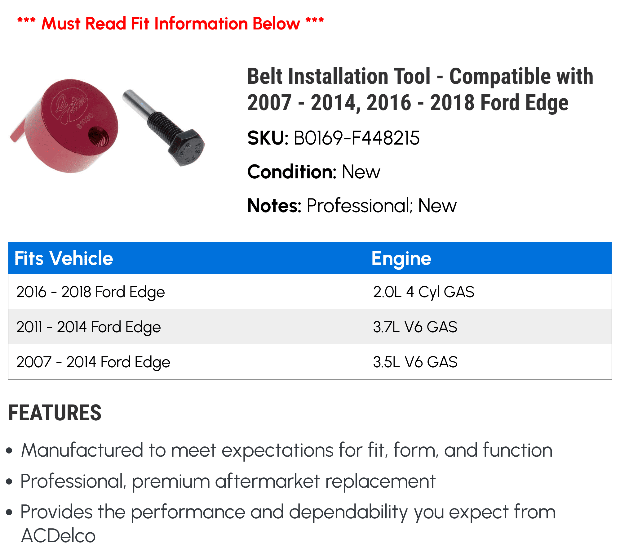 Belt Installation Tool - Compatible with 2007 - 2014, 2016 - 2018 Ford Edge - AC Delco