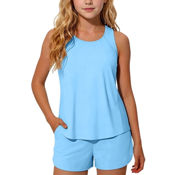 LYEAA Girl Swimming Suits Two Piece Ruched Swimsuits Tank Tops and Boyshorts Bottom Summer Modest Swimwear