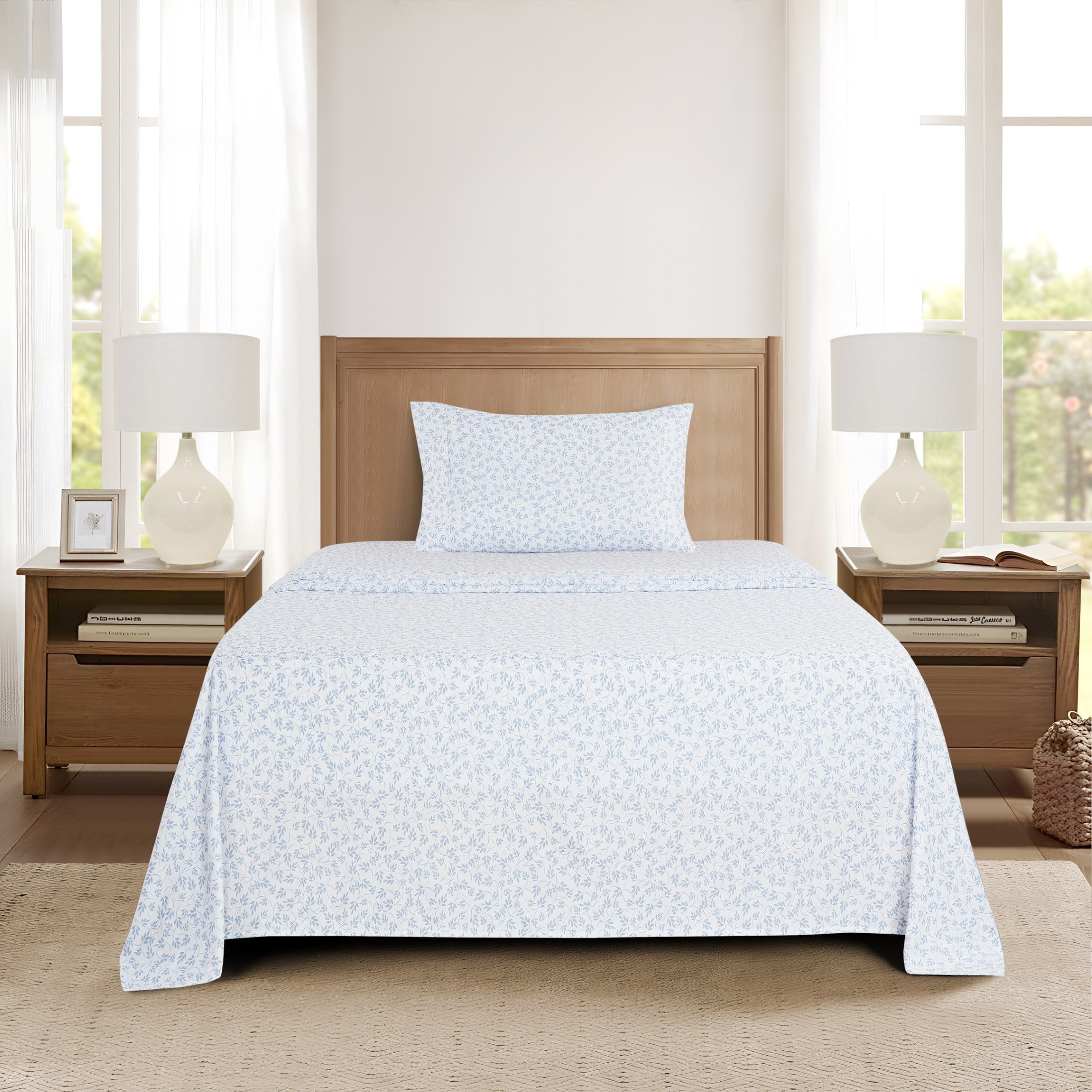 Mainstays Super Soft Brushed Microfiber Bed Sheet Set, Light Blue Leaves, Twin-XL, 3 Piece