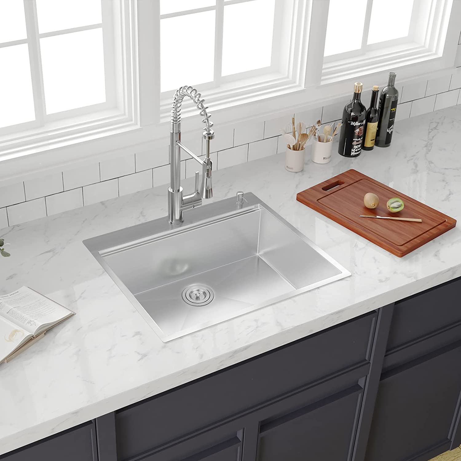 25 x 22 inch Drop-in Kitchen Sink, Handmade Workstation Kitchen Sink 18  Gauge with Ledge, Topmount Stainless Steel Single Bowl Sink