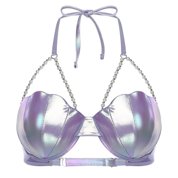 Hansber Women's Bikini Tops Shiny Metallic Sea Shell Shape Bra Pearls Beads Seashell Bra Top for Rave Festival Purple L