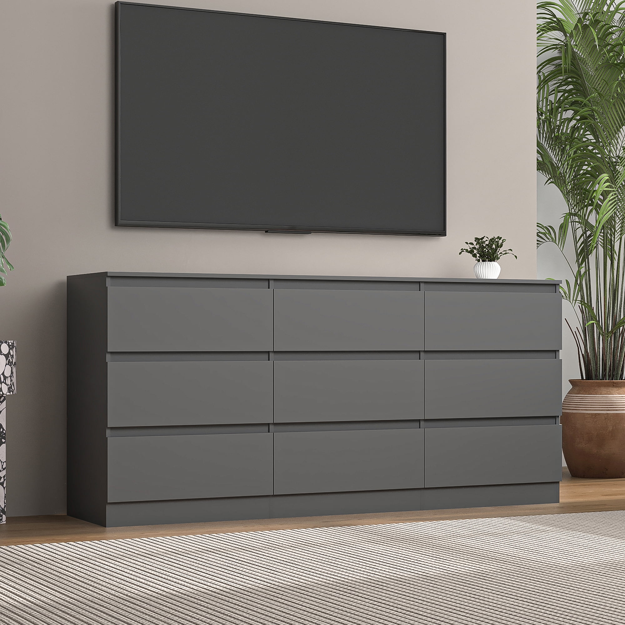 Demi Bonn 9 Drawer Double Dresser, Modern 9 Chest of Drawers with Deep Drawers, Wide Storage Organizer Cabinet for Living Room, Gray