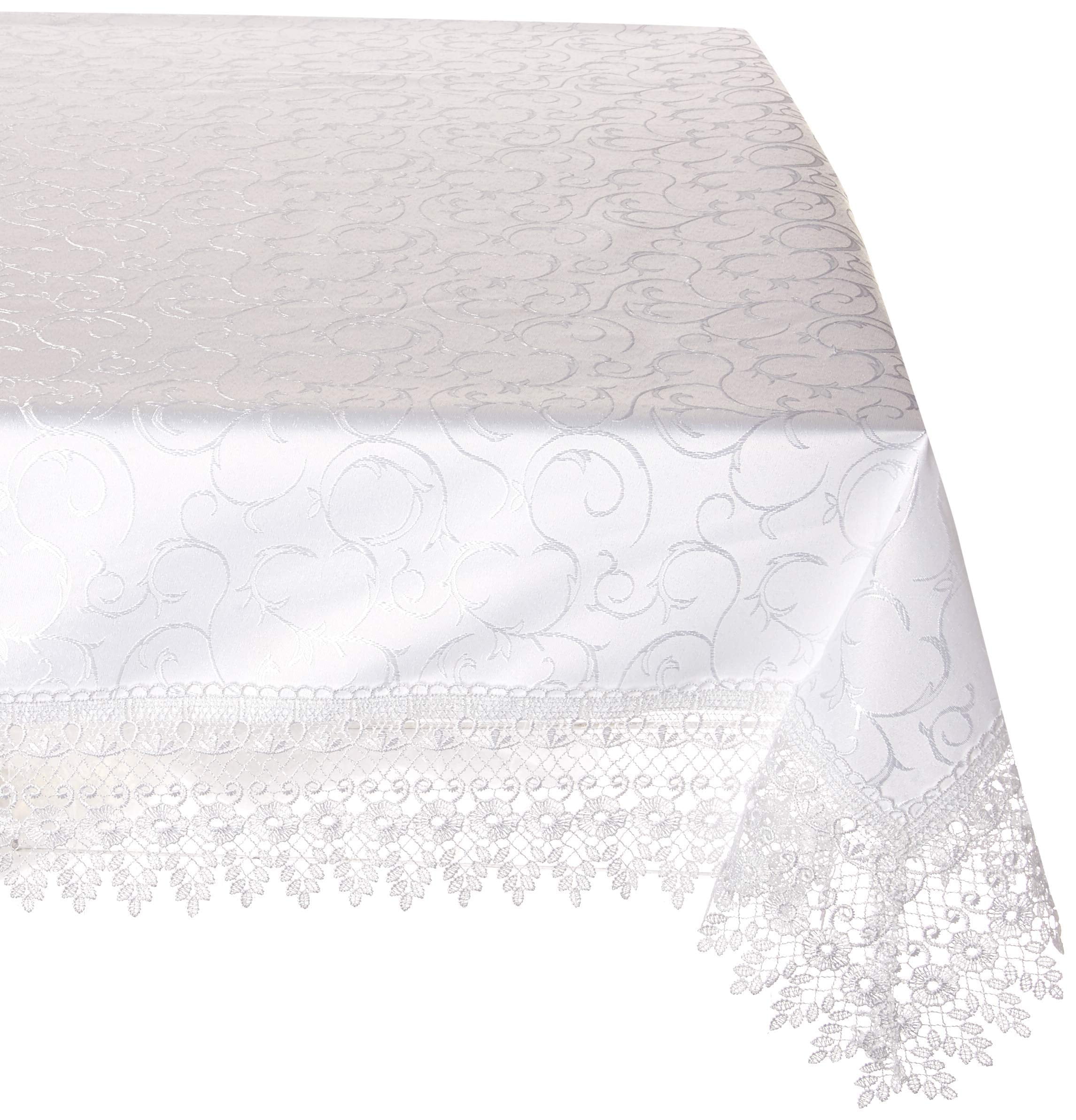 Violet Linen Ribbon Rose Embroidered Design Tablecloth 70 x 88 White RIBBONRS WH-4