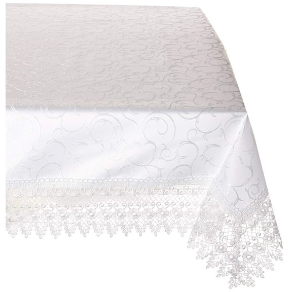 Flower Bow Vintage Lace Design Table Cloths, 70" X 120", Rectangular, White