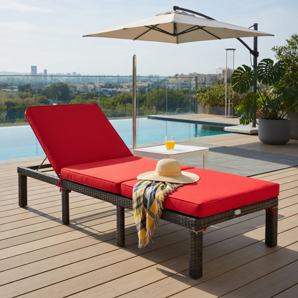 Hommoo Adjustable Outdoor Rattan Chaise Lounge Chair with Removable Cushion & PE Rattan, Perfect for Patio, Poolside & Garden, Red