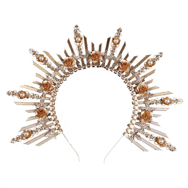 diadema de diosa del sol, diadema vintage de virginmary para disfraz de fiesta de Halloween y accesorios para el cabello, aro duradero con resina 3D, flores doradas de resina y perlas artificiales en diseño de rayos escalonados alrededor del semicírculo, tamaño universal apto para niñas y mujeres; suele usarse también como detalle para sesiones de fotos de disfraces.
