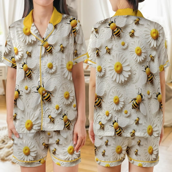 Lotusprinthandmade Funny Animal And Daisy All-over Print Satin Short-Sleeve Pajamas Set (S) – Floral Daisy Pajamas Set