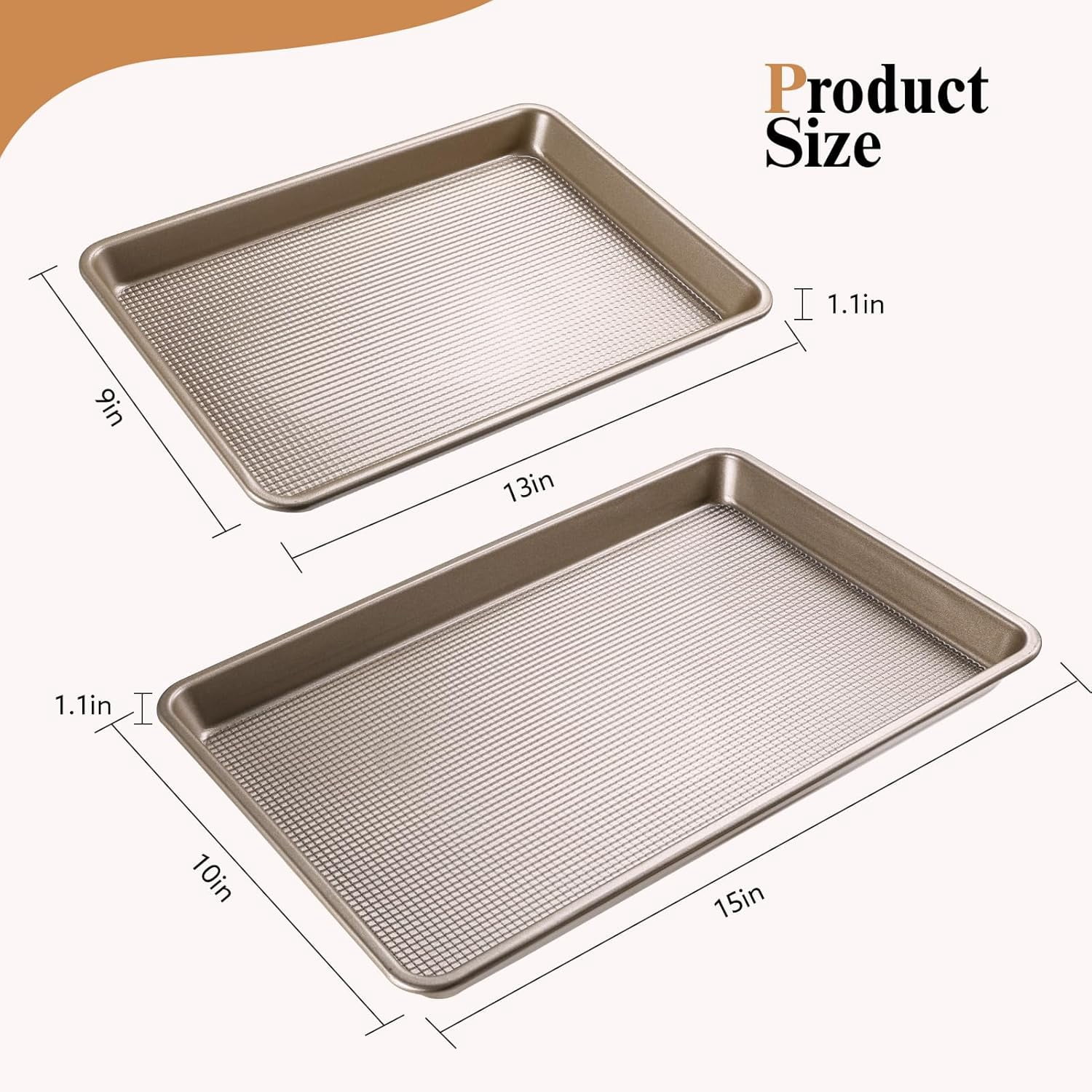 2 Piece Professional Baking Pan Set, Nonstick Bakeware Set, Heavy Duty Thick Cookie Sheets for Baking, 9x13in, 10x15in, Textured, Gold