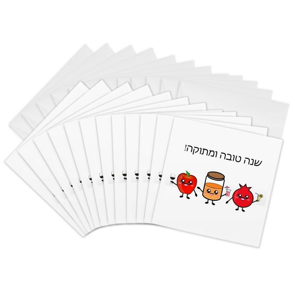 3dRose, Shana Tova Umetuka Sweet Rosh HaShanah Hebrew Happy Jewish New Year, 12 Greeting Cards with envelopes