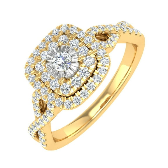 1/2 Carat Cushion cut Halo Diamond Engagement Ring in 10K Yellow Gold - IGI Certified (Ring Size 4.25)