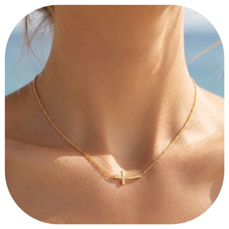 FindChic Cross Necklace for Women 14K Gold Plated Dainty Tiny Sideway Cross Choker Pendant Necklace Simple Trendy Cute Easter Basket Stuffers Baptism Religious Faith Jewelry Gift