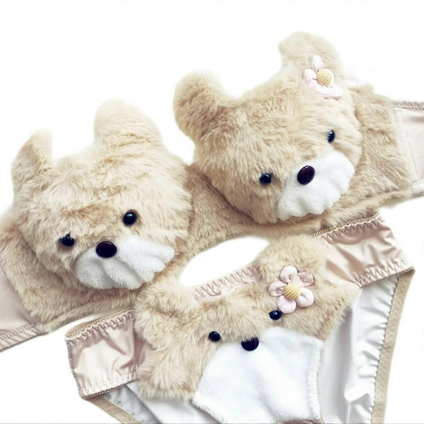 Women's 2Pcs Furry Bra and Panty Set Big Eyes Bear Plush Brassiere Underwear Cartoon Anime Lingerie Cartoon Bikini Set brown XL