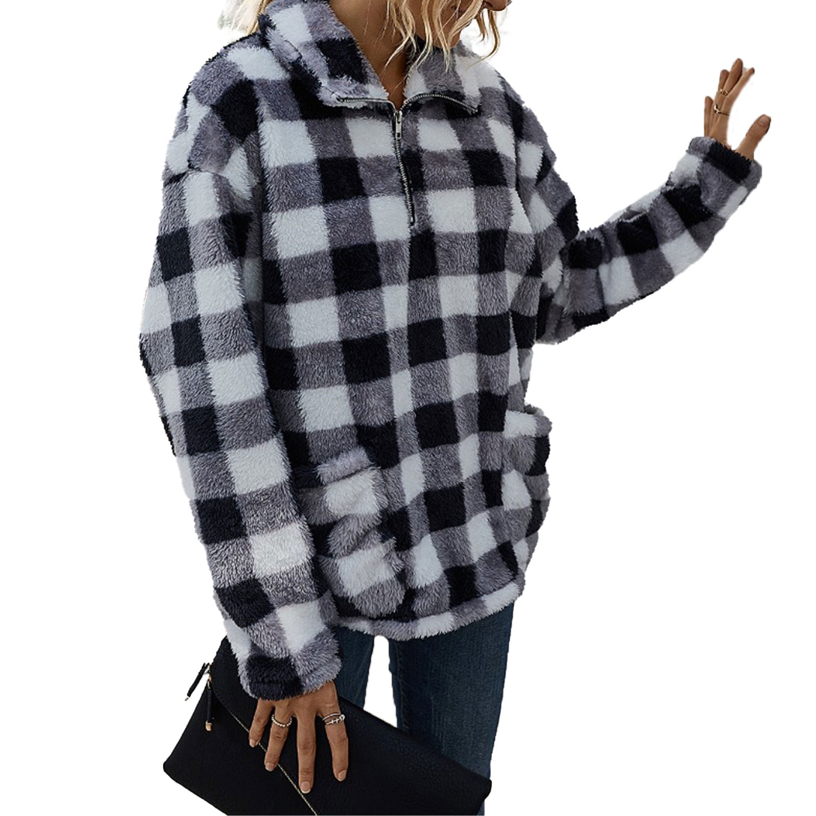 Fuzzy Pullover with Plaid Sweatshirts Tracksuit Women Casual Long Sleeve Turn Down Collar Front Zipper