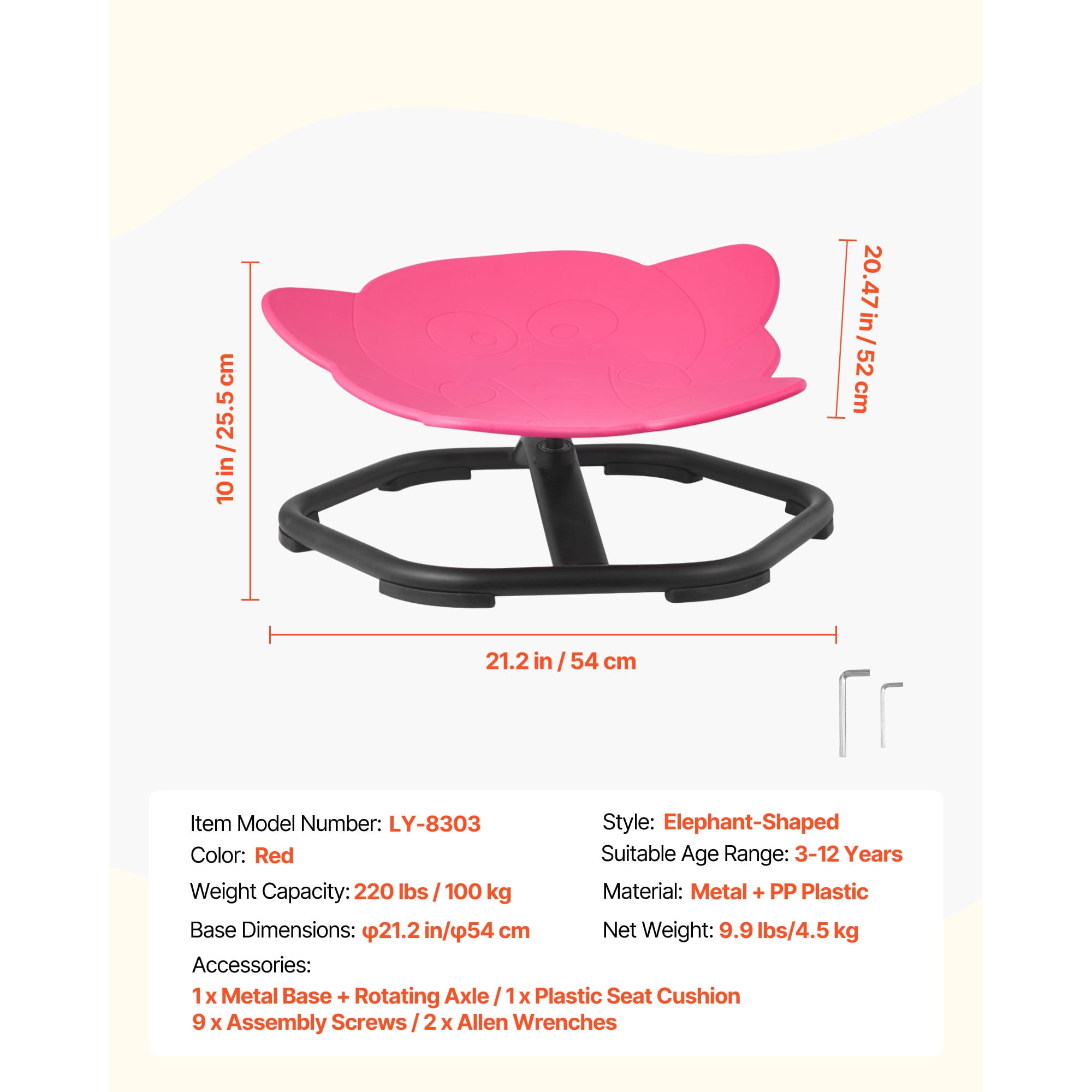 KFFKFF Kids Rotating Chair, 220 lbs Capacity, Elephant-Shaped Sensory Spinning Seat, Autism-Friendly Toy with Stable Metal Base, Toddler Spin Chair for Balance, Coordination, and Focus, Red