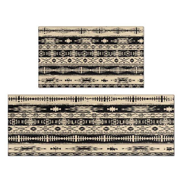 Add a Touch of Class with our Black Boho Kitchen Rug Mat - 2 Piece Non-Slip, Washable Kitchen Mats for Chic Floor Decor