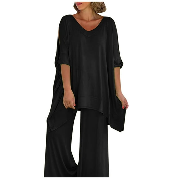 Women's 2 Piece Summer Set - Tie Waist V-Neck Cap Sleeve Top & Wide Leg Pants, Breathable Outfit
