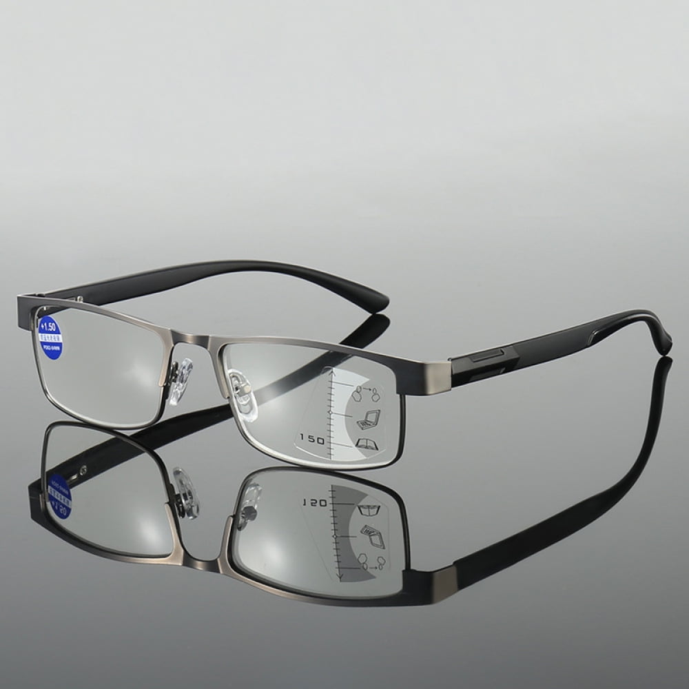 2 Pairs of Rectangular Classic Business Progressive Reading Glasses 4.00 for Men, Metal Spring Hinge Temple Readers, Gunmetal Vintage Presbyopic Glasses +4.00 Strength