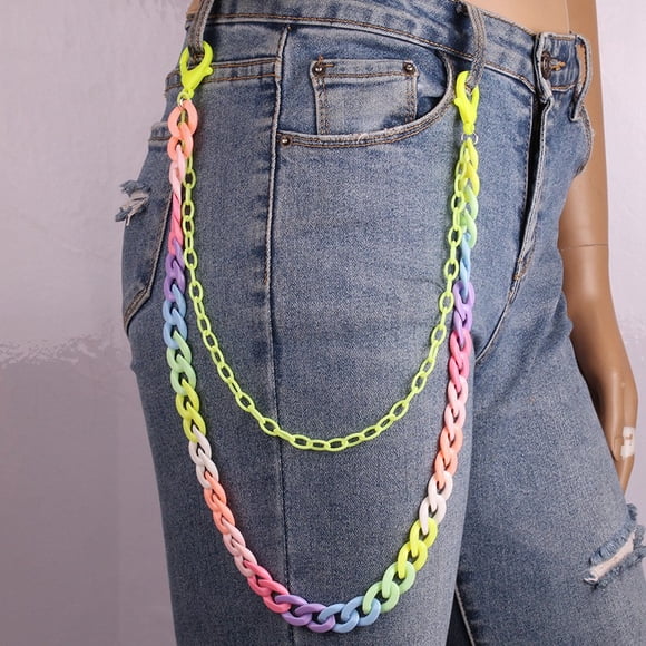 Punk Rainbow Layered Pants Jeans Chain Chunky Cuban Chain Colorful Acrylic Pants Chain Goth Layered for Men Link Wallet Chain Trousers Chain Waist Body Chain Set for Women Man, Yellow