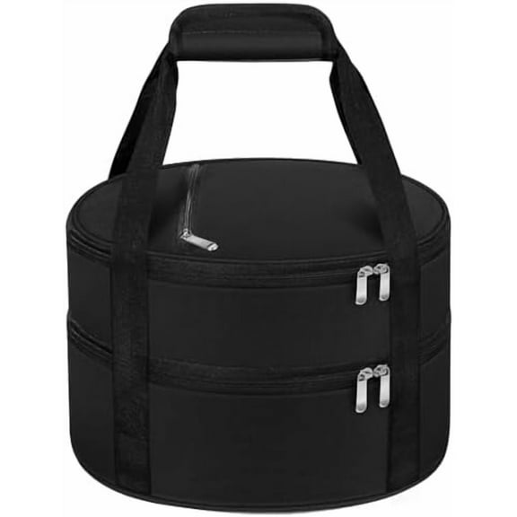 Black Round Double Insulated Casserole Carrier, Portable Pie Carrier Bag for Hot & Cold Food, Fits 12.5" Baking Dish, Ideal for Parties Picnics & Lunch