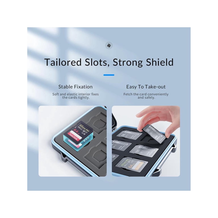memory card sleeve Leather SD Holders MegaGear Store It is built to hold up to 12 micro SD cards and SD cards at a time and also features an ABS hard plastic shell for extra protection DiMeCard 8 microSD Card Holder
