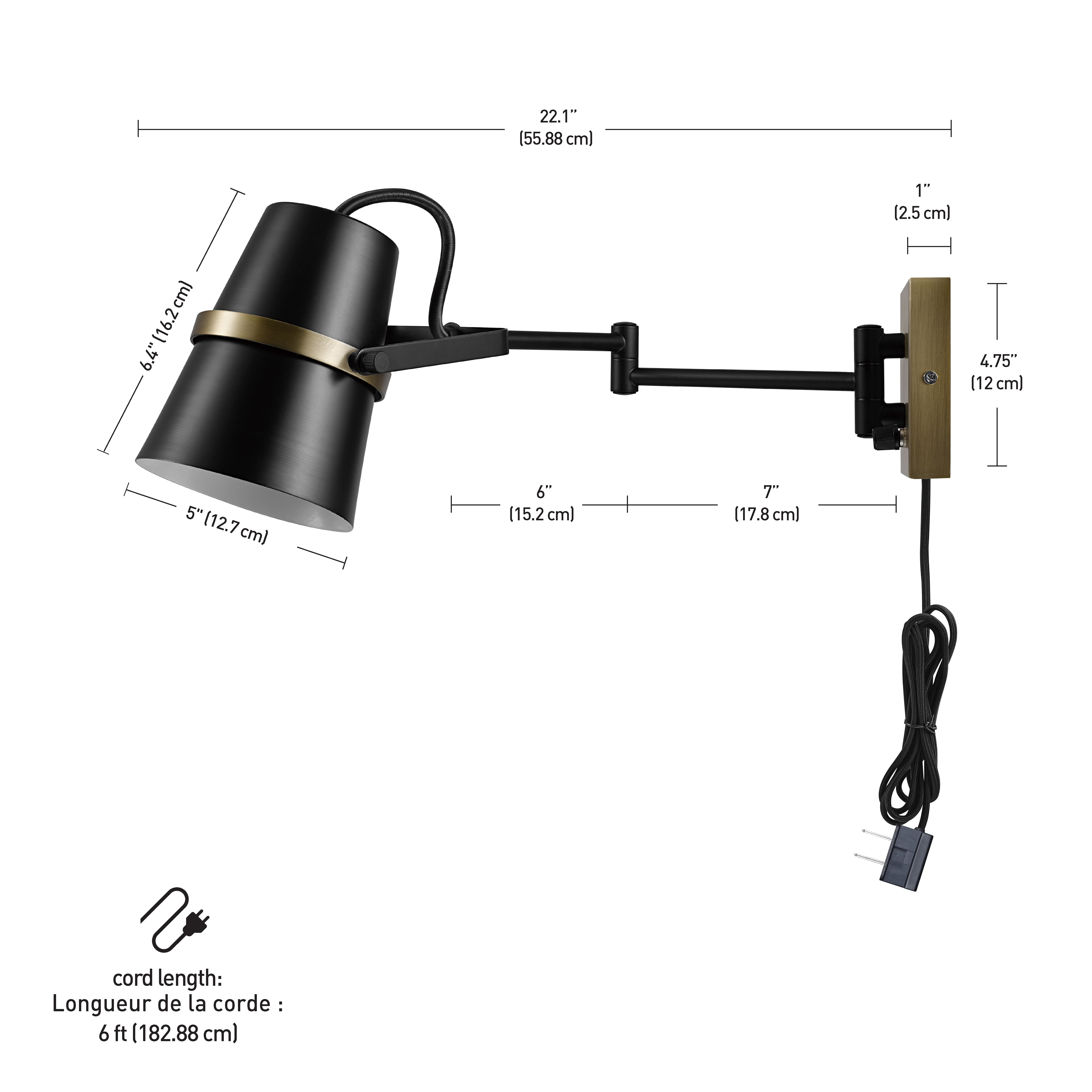 Globe Electric 22" 1-Light Matte Black Plug-in or Hardwire Indoor Swing Arm Wall Sconce