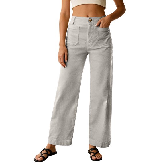 Yuhangmm Women's Pants Summer High Waist Straight Leg Button Wide Leg Pants For Casual Comfortable Trousers White S