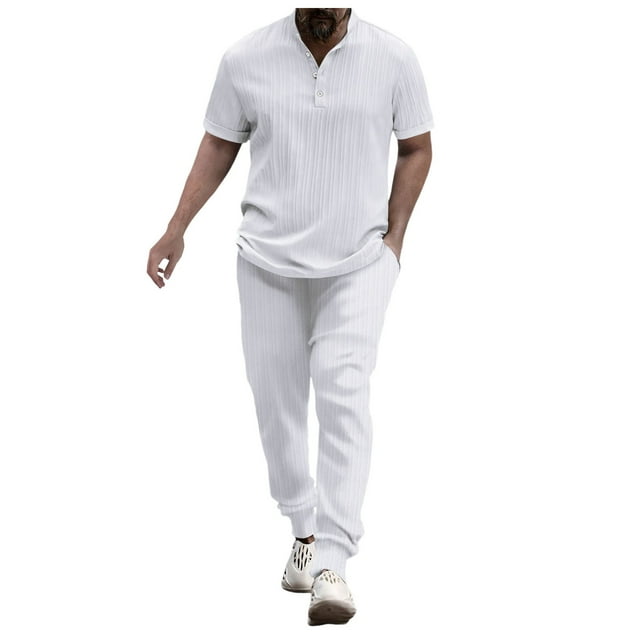 Wyzesi Shorts Suit Overalls for Men Fitted Male Two Piece Solid Color Suit Button Down Short Sleeved Stand Up Top and Oversized Trousers Combination Set Jumpsuit for Men Casual Short Sleeve