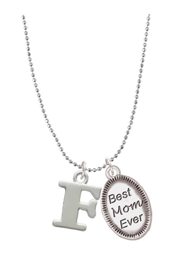 Silvertone Large Initial - F - Best Mom Ever Charm Necklace