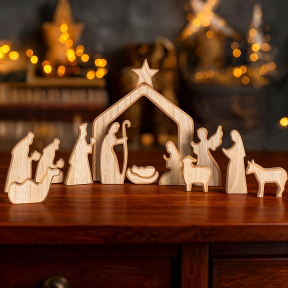 TETOU 13Pcs Christmas Nativity Scene Set Decor, Miniature Wooden Catholic Holy Family Figurines Nativity Scene for Christian Gifts Christmas Indoor Home Office Boho Tabletop Decoration