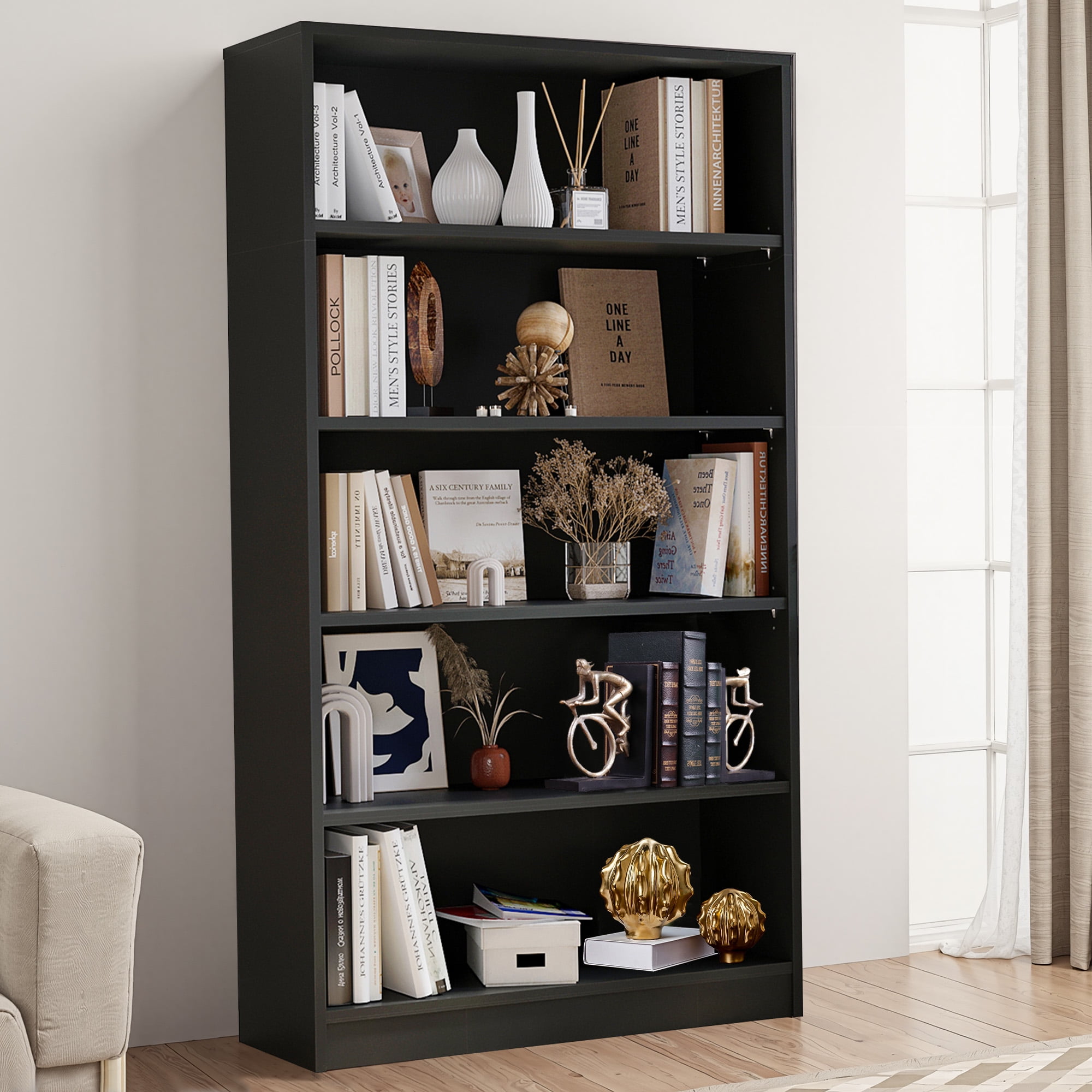 MAYEERTY Black 5-Shelf Modern Wood Bookcase, 60" Tall, for Bedroom, Living Room, and Manga Library