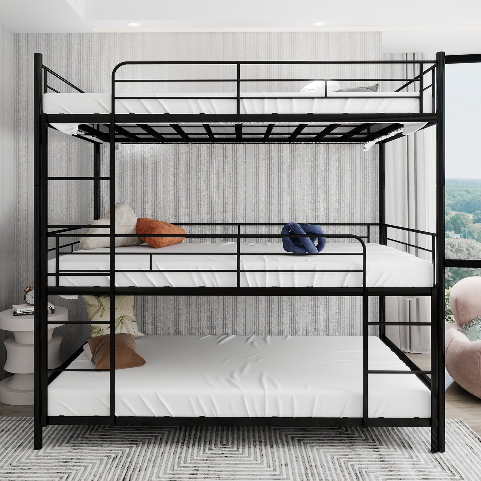 Alvantor Triple Bunk Bed Twin Over Twin Over Twin Metal 3-in-1 Bed for Kids Teens with Ladders and Safety Guardrails Black