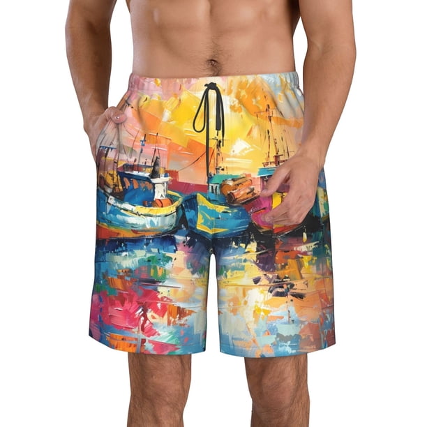 Fotbe Colorful Fishing Boats Trajes de Baño Estampados para Hombre, Shorts de Verano de Secado Rápido, Ropa de Playa, Bañadores-XX-Large