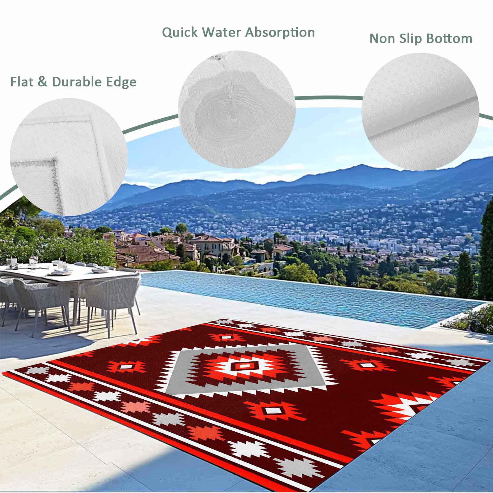 Fsddascl Red Boho Outdoor Rug for Patio/Deck/Porch, Non-Slip Large Area Rug 4 x 6 Ft, Neutral Tribal Ethnic Abstract Geometric Motifs Indoor Outdoor Rugs Washable Area Rugs, Camping Rug Carpet Runner