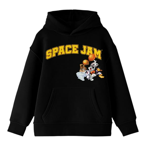 Space Jam 1996 Collegiate Text With Characters Youth Boys Black Hoodie-Medium