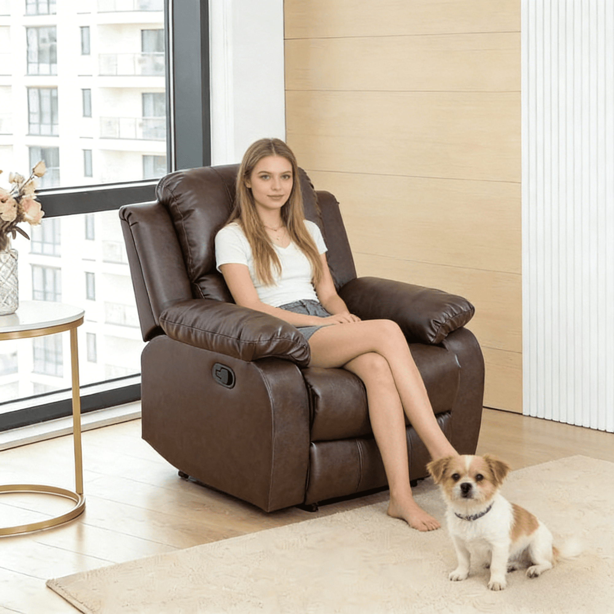 Gewnee PU Manual Recliner Chair Set of 2,Single Sofa Recliners,Adjustable Backrest,Comfort Lazy Chair for Living Room,Bedroom.Brown