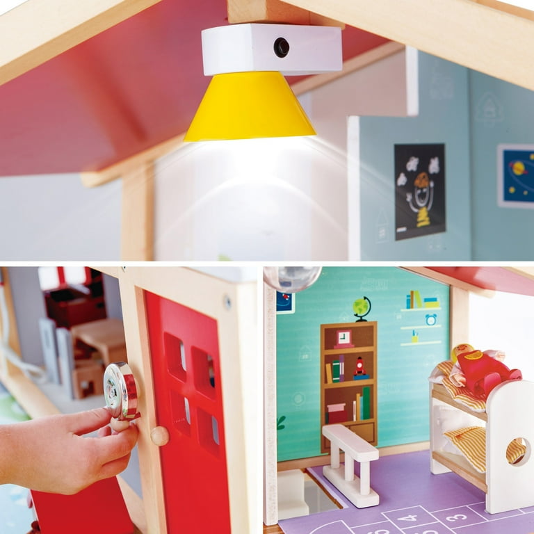 Hape Little Room Pretend Play 3 Story Wooden Doll House w/ Light, Doorbell,  & Bedroom, Bathroom, Living Room, & Dining Furniture for Kids Age 3 and Up